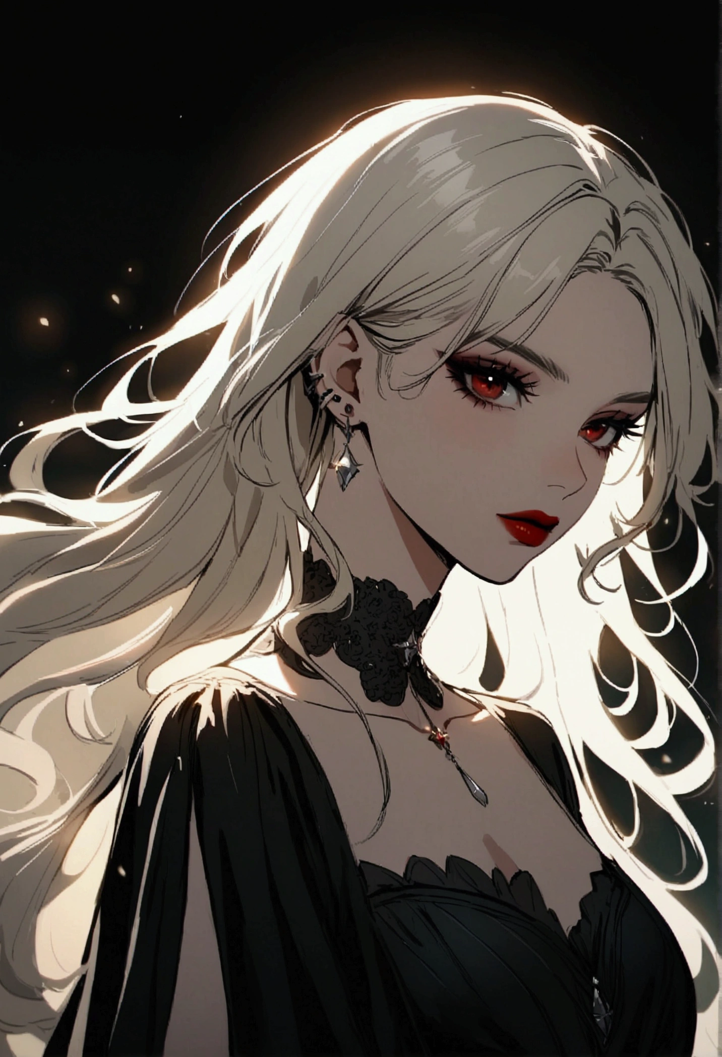 Beautiful woman, princess, platinum blonde hair , Eyes red , black dress, rise the sunlight , piercing look and red lipstick