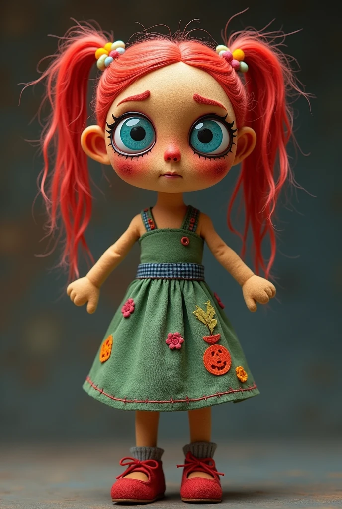 Create a colorful smaller full body cartoon female puppet that has button eyes and scary stitching
