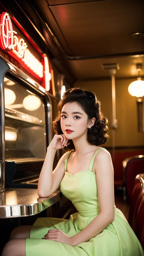 1girl dressed in a 1950s-inspired dress, complete with a full skirt and petticoat, her hair styled in classic pin curls. She should be seated at an old-fashioned diner, surrounded by vintage details like a jukebox, chrome accents, and neon signs. Her eyes should be sparkling with excitement, her skin flawless and glowing under the soft, dramatic lighting. This scene should be captured on 35mm film, with a beautiful depth of field and a slightly blurry, nostalgic background,, filmg,
