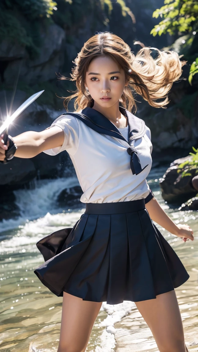 (Ultra HD, Highest quality, High resolution, Surreal, so beautiful), 24000dpi, (Holding the Japan sword, Bidirectional, Electric shock), Charge Move, Special Move Stance, All-in-one, dance, Beautiful woman, Long Tail, Well-formed eyes, greatest visual acuity, 1, Fascinating, Totally American, Perfect body, Physical Beauty, (Sailor suit, mini skirt),whole body