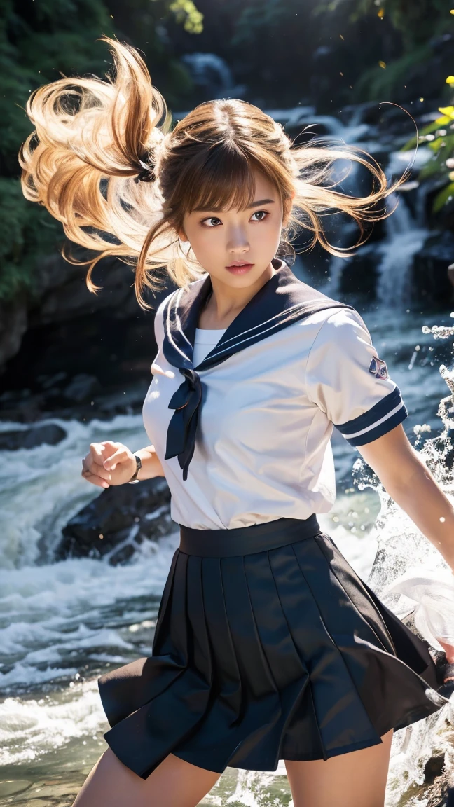 (Ultra HD, Highest quality, High resolution, Surreal, so beautiful), 24000dpi, (Holding the Japan sword, Bidirectional, Electric shock), Charge Move, Special Move Stance, All-in-one, dance, Beautiful woman, Long Tail, Well-formed eyes, greatest visual acuity, 1, Fascinating, Totally American, Perfect body, Physical Beauty, (Sailor suit, mini skirt),whole body