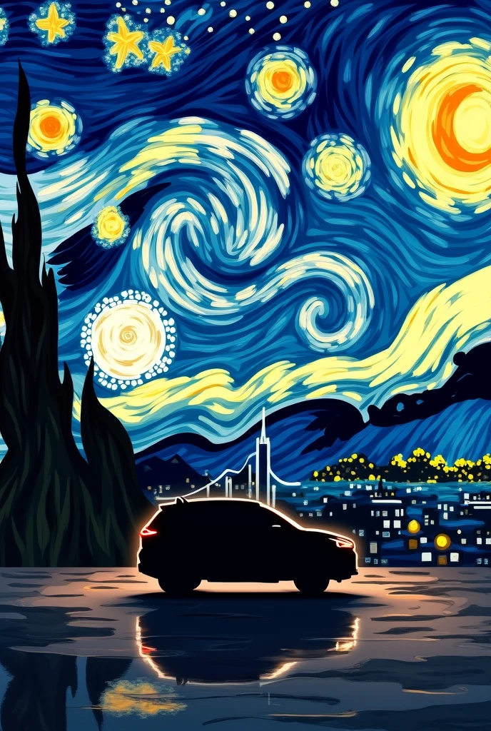 Van Gogh’s starry night with a silhouette of a Hyundai creta in the background. And the image being very artistic. Just like the original starry night art. And let the landscape be vast and the car a bit smaller. The car must be black and in silhouette of the moon and star reflection. The car must be tiny and the starry night should immerse the landscape just like the original paining by Van Gogh. Car must blend in. And it must be tiny. It should be like Van Gogh added a car’s silhouette in the painting. Black car’s silhouette. It should be like there’s a car’s shadow casted by the starry night. It should be starry night behind and car tiny. Tiny car and starry night big in city scape just like the art. With a city scape