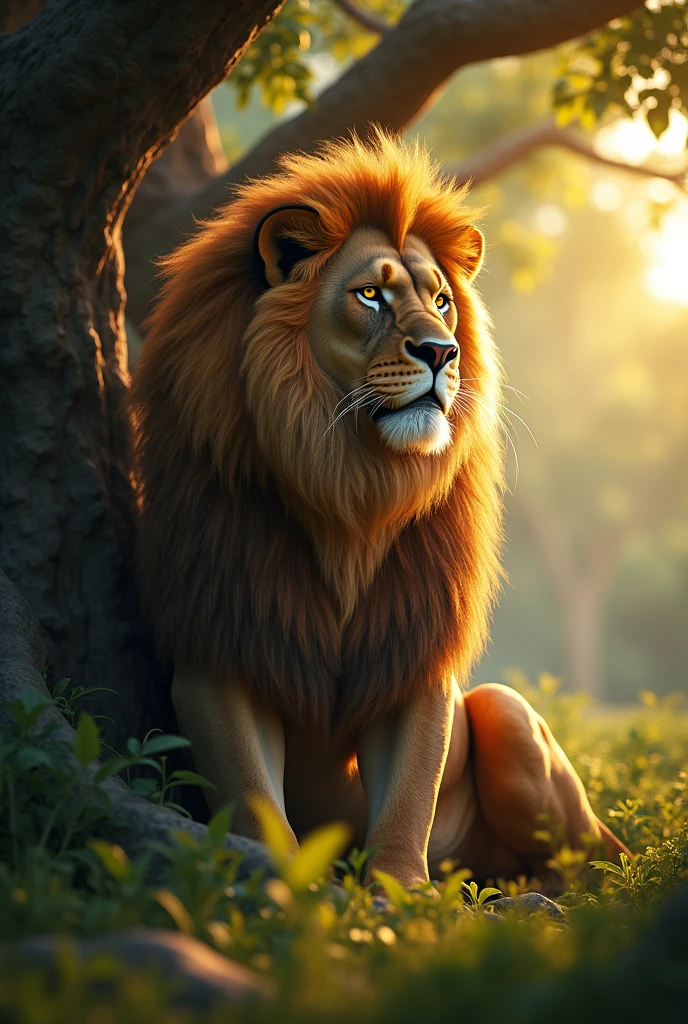 imagine prompt: 3D, personality: [ate a close-up shot of a proud lion sitting regally under a large tree, displaying a fierce expression of authority. The sunlight filters through the leaves, casting a warm glow on his golden mane, emphasizing his power in the dense forest surroundings. The lion's posture is confident, making it evident that he believes he is the king of all the animals] unreal engine, hyper real --q 2 --v 5.2 --ar 16:9