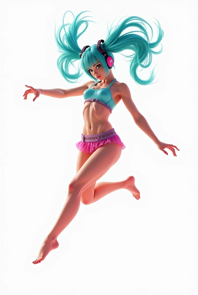 hatsune_miku, jumping, pop clothes, bare legs, belt on right leg, beautiful stomach, colorful, bright, perfect hand, perfect arms, simple white background, ultra detailed, 8k
