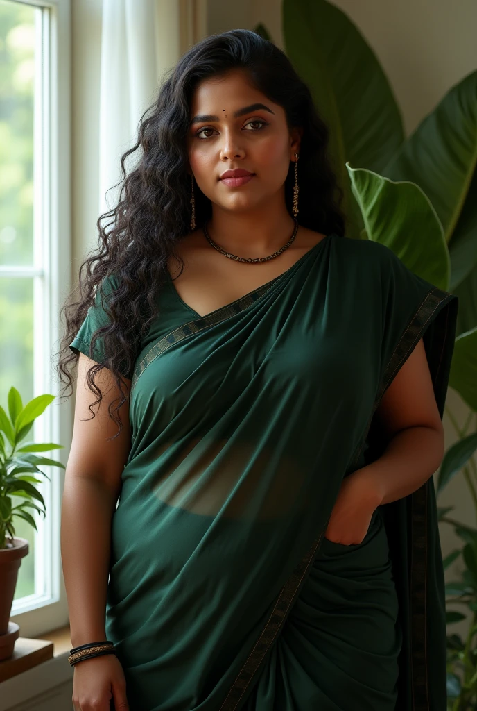 (photorealism:1.2), beautiful fat indian woman, warring plan dark green saree with black simple on bed, wearing loose off-shoulder top, pajama pants, long curly hair, indoors, soft lighting, plants in background, window showing boobs