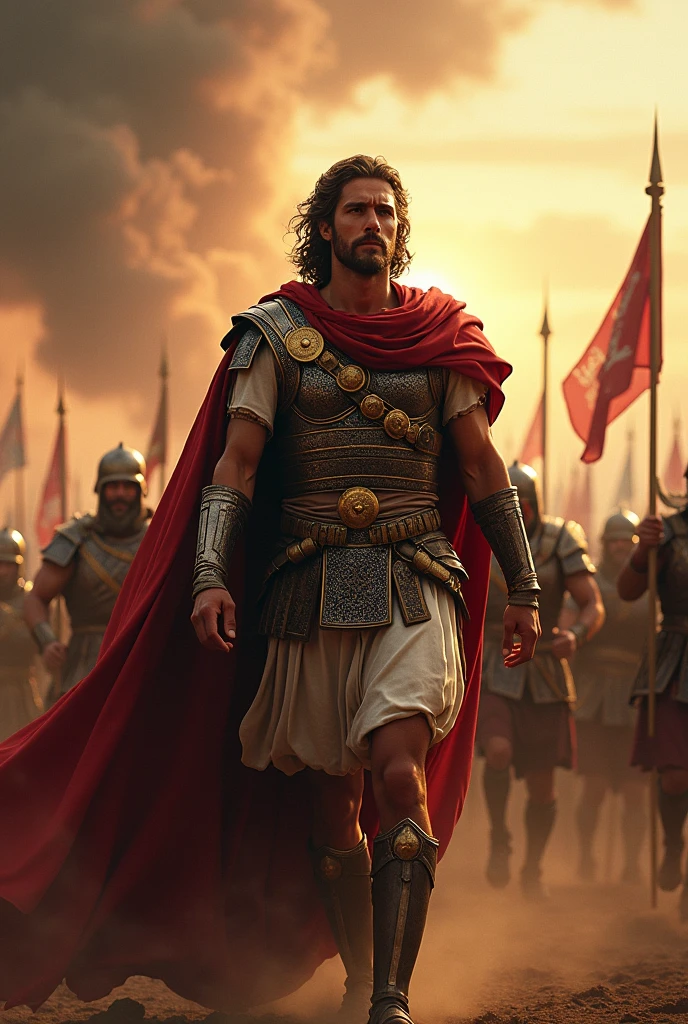 Image suggestion: Alexander the Great in an epic scene, at the head of his army, at the moment of a great victory. In the background, two iconic battles can be suggested: at Issos, with Alexander directly confronting King Darius III, and at Gaugamela, with the Macedonian cavalry attacking the massive Persian forces. A scene from the Battle of the Hydaspes could also be shown, with Alexander facing off against the war elephants of King Porus, symbolizing the expansion of the empire into India. The atmosphere should be intense and dynamic, reflecting the grandeur and complexity of Alexander's campaigns.