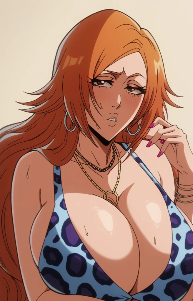 Inoue Orihime,Big breast,leopard print casual outfit with vkeavage,lariat necklace,Long pink nail,Hoopa bracelet,Earpiercing,Bleach Anime artstyle,Half eyes open,Spouty mouth,Thick lips,Curvy figure,Big wavy hair,Enchanced breast,tight thights,gaze on viewer,ear visible,bouncy breast,unnatural big breast,crossing arm,heart shaped Earrings,Light blush,Swaying hips,Enormous Big breast,H cup,((Spider bite Ring shaped piercing mouth)),Blunt hair bang,thick wavy long hair,Bob long hair,Long nail,Sweat,Spiderbite pierce