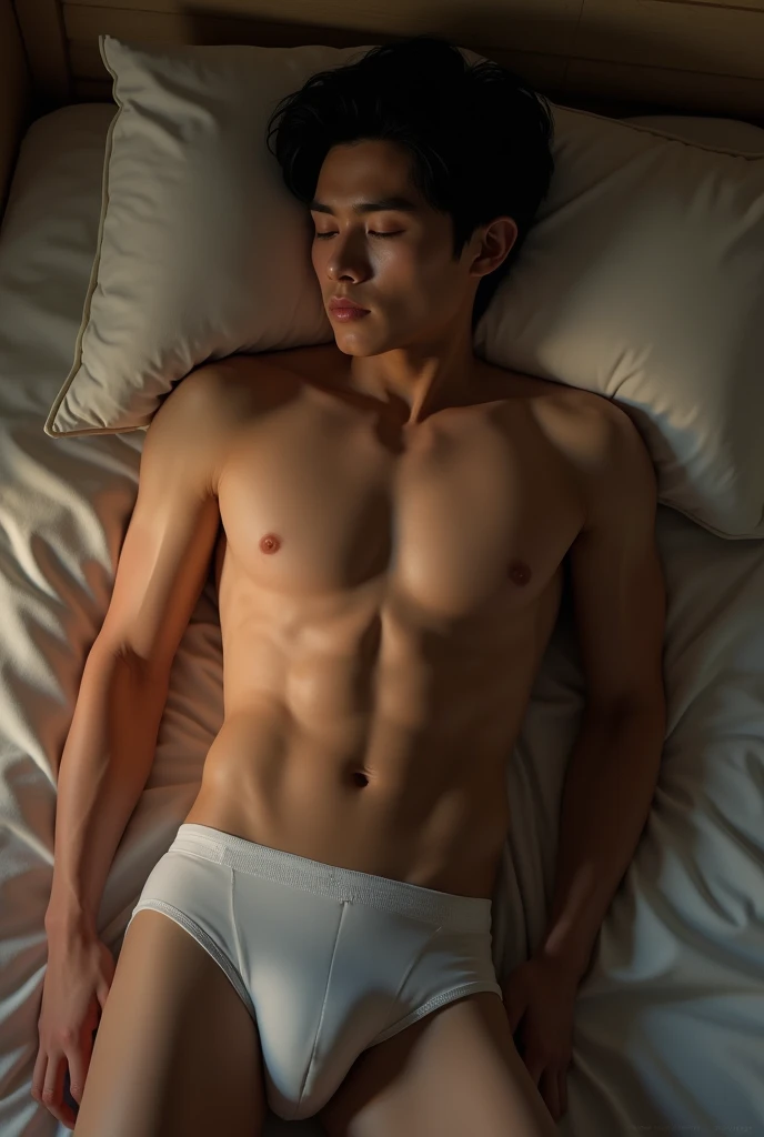 Norawit Titicharoenrak, Thai actor, 20-year-old, he is deeply sleeping, handsome , six packs, seeing his full body with sexy underwear, sleeping on the floor