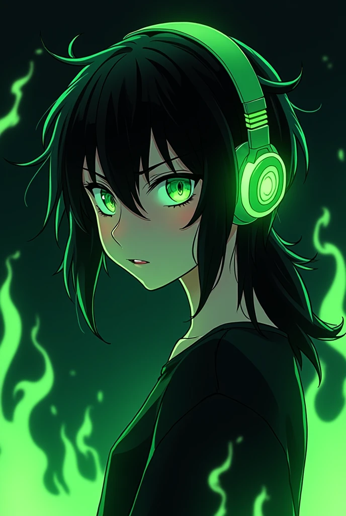 Anime Side Profile of a White Adult, with a naughty face, neon green eyes, black wavy mullet hair, a black shirt, a green headset. With a black background with neon green flames