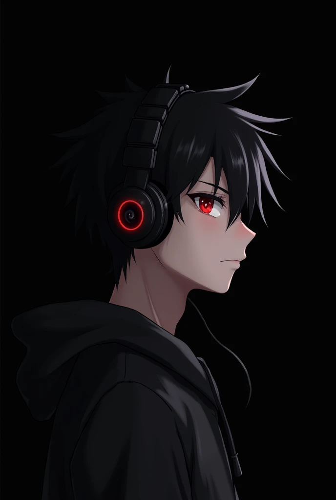 Anime boy , Spiky hair , black hair , black hoodie , red eyes , narrowed eye , blank black background , side view , listening to songs , with handsfree
