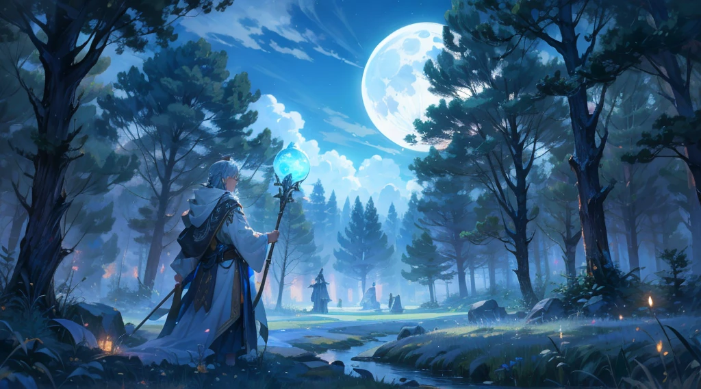 A serene, moonlit clearing in a deep forest, surrounded by ancient trees. The ground is covered with soft, gentle grass, illuminated by silver and blue light from the moon. A light mist drifts through the clearing, adding a mystical and ethereal atmosphere. In the center of the clearing, a lone adventurer dressed as a mage stands, holding a glowing staff. The mage is wearing a long cloak with intricate patterns and a hood, with an aura of magical energy around them. The sky is filled with twinkling stars, creating a calm and tranquil scene, perfect for a fantasy Celtic setting.