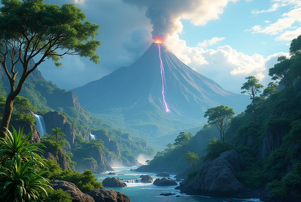 Landscape, with mountains, tropical trees, and a volcano with rocks flying around, and a blue tree spraying water on the trees in the forest, 4k high res, Masterpiece artwork, precise, high qualiy, backlighting, cinematic lighting, cinematrographic,