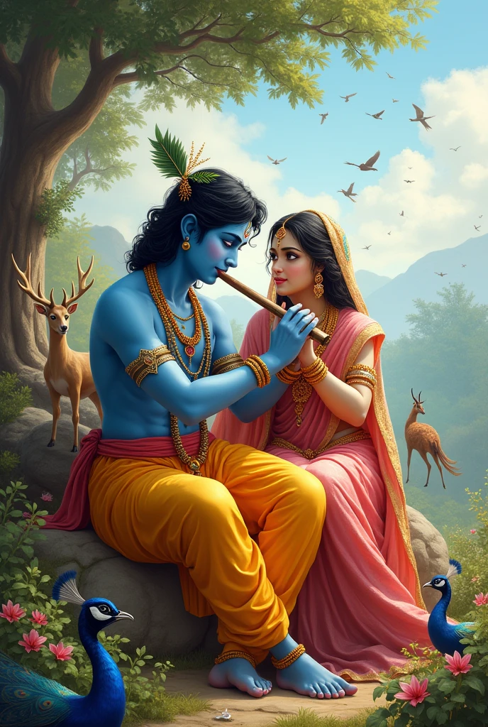 Create a picture of sitting lord krishna with flute and Shri radhika is sitting beside him there is a very pleasant day many birds and many animals are moving around them 