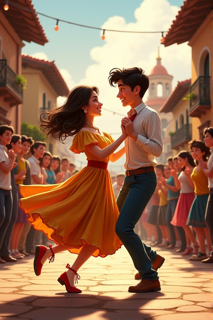 A boy dance  with a girl and maany people  see them