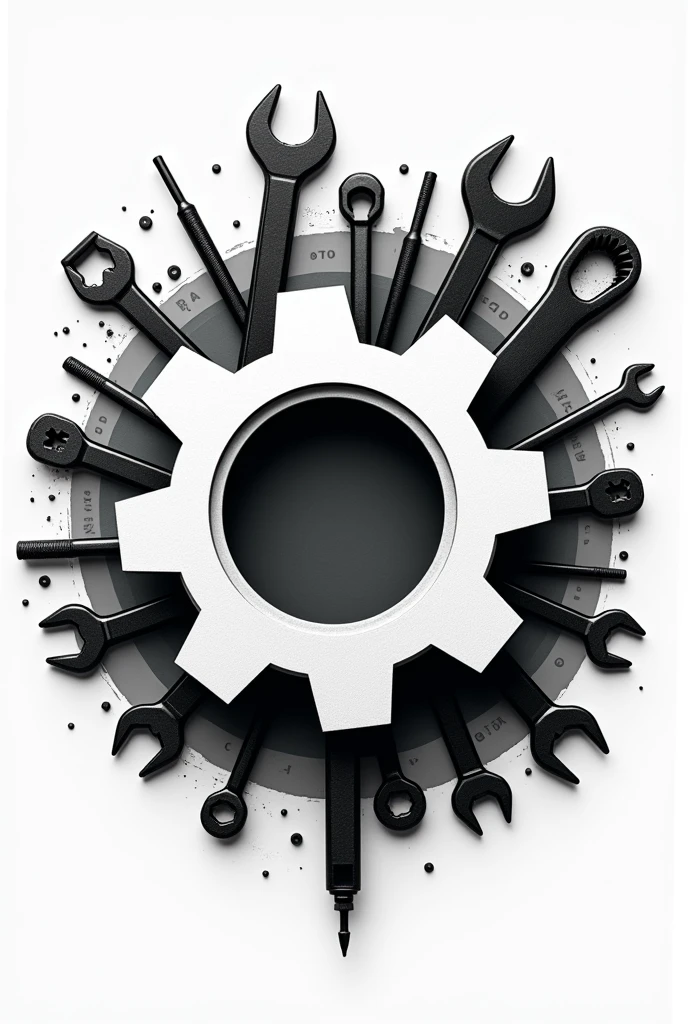 RN logo that is black and white, related to mechanical engineering with mechanical tools and equipment in background outside the gear, cool yet simple