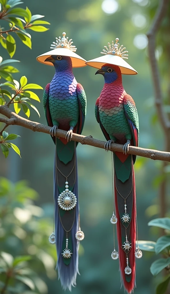Create an 8K high-resolution image of two exotic, vibrant birds perched on a branch in a lush forest setting. The birds should have striking, multi-colored feathers with intricate patterns resembling gemstones, including shades of blue, purple, red, and green. They are wearing traditional Asian-style conical hats with elegant silver adornments. The birds' long, graceful tail feathers should feature ornate white designs with bead-like decorations. The background should be softly blurred, with natural sunlight filtering through the dense green foliage, creating a magical, serene atmosphere. Capture the details of the birds’ feathers and the hats in ultra-sharp resolution, ensuring a visually stunning and realistic appearance."
