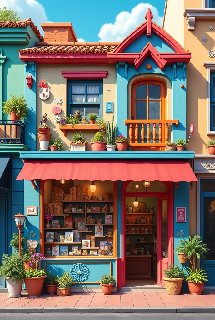 create a colorful stationery store facade in the form of architecture and interior design with the name stationery store