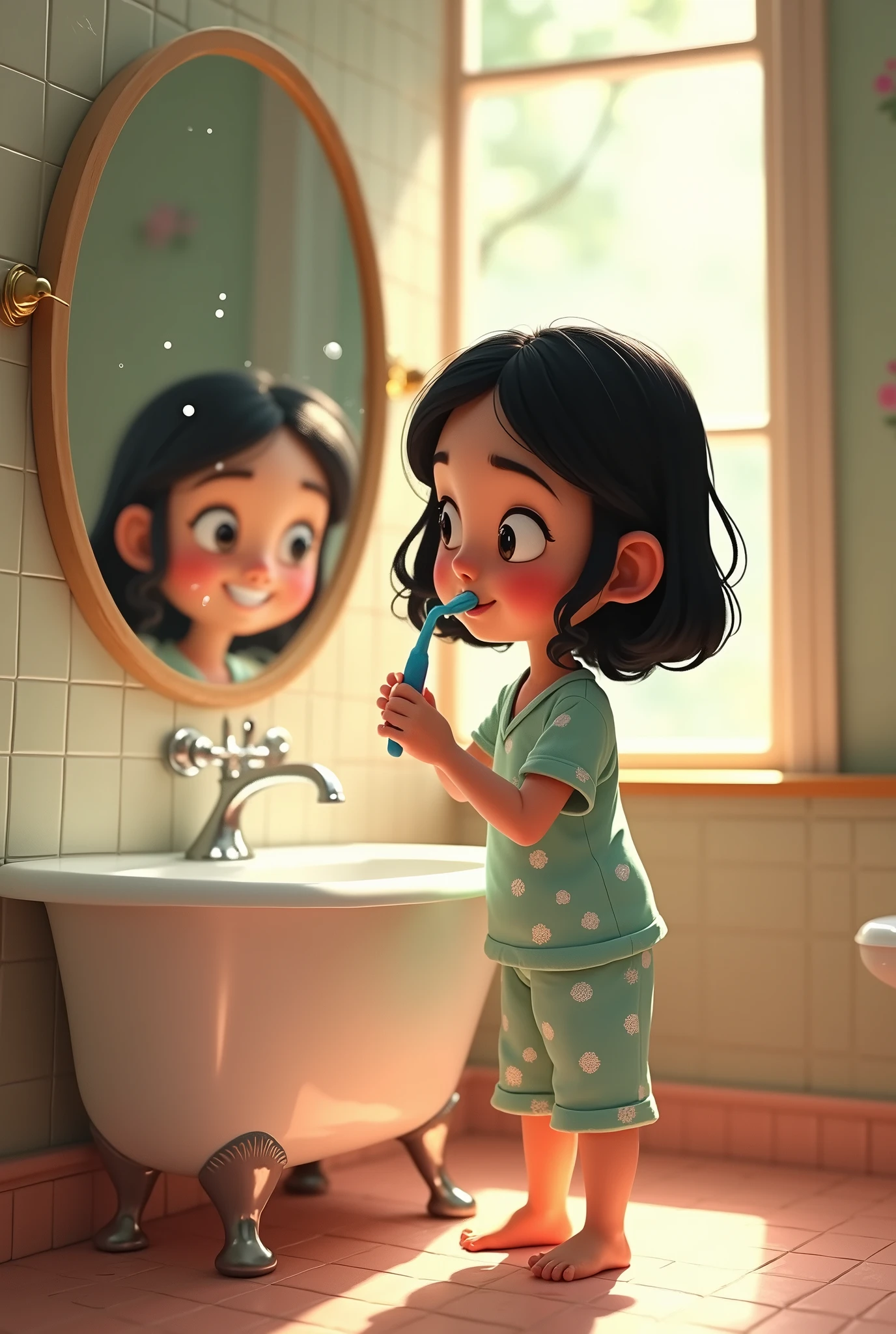 Generates a Disney Pixar type image of a thin white girl with black hair brushing her teeth