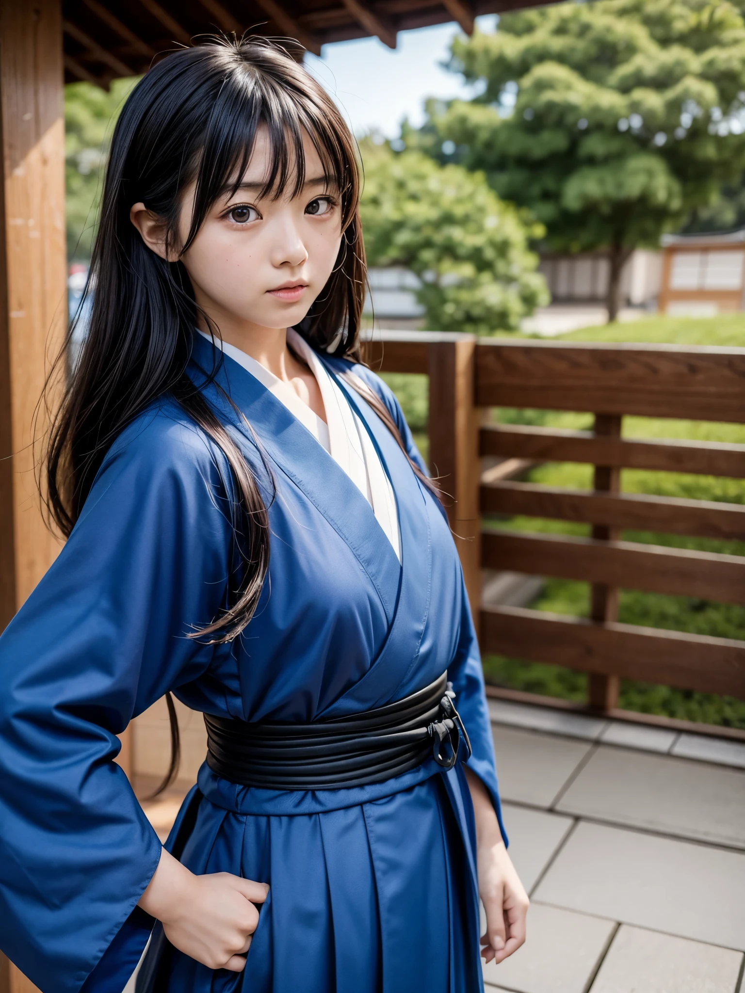 Japanese female elementary school student, cool expression, cosplay of Shinsengumi's Okita Souji, Kyoto, Shijo Ohashi Bridge at the end of the Edo period, night