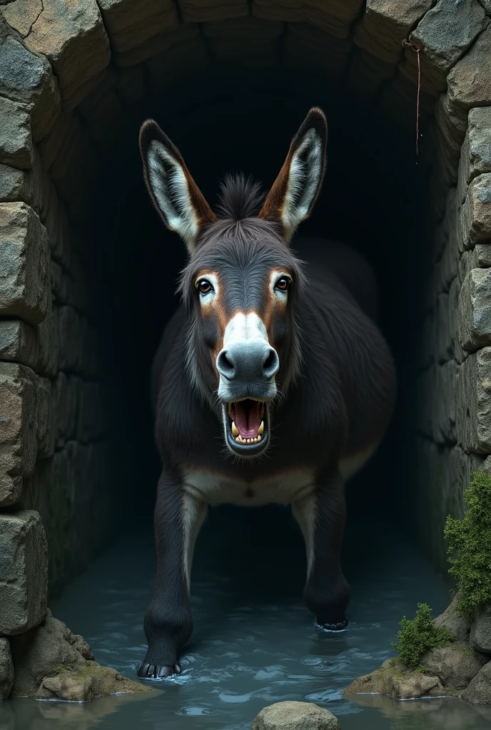 donkey crying inside a well