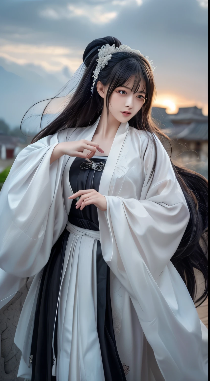 (best quality,4K,high resolution,masterpiece:1.2), very detailed, realistic, Black and white Hanfu with black embroidery, Elegant White Ponytail, Long, flowing hair, white mask, The mask flutters in the wind, Draped headdress, Peony blossoms, The Winds of Antiquity, Oversized sleeves, dynamic pose, dramatic composition, falling petals, red belt, complex background, Ancient Architecture, Light fog and thick clouds, swirling clouds, movie lights, Complex feather background.