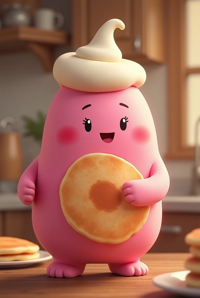 mascot characters pink character who loves pancakes very much cream on his head and a slightly realistic character