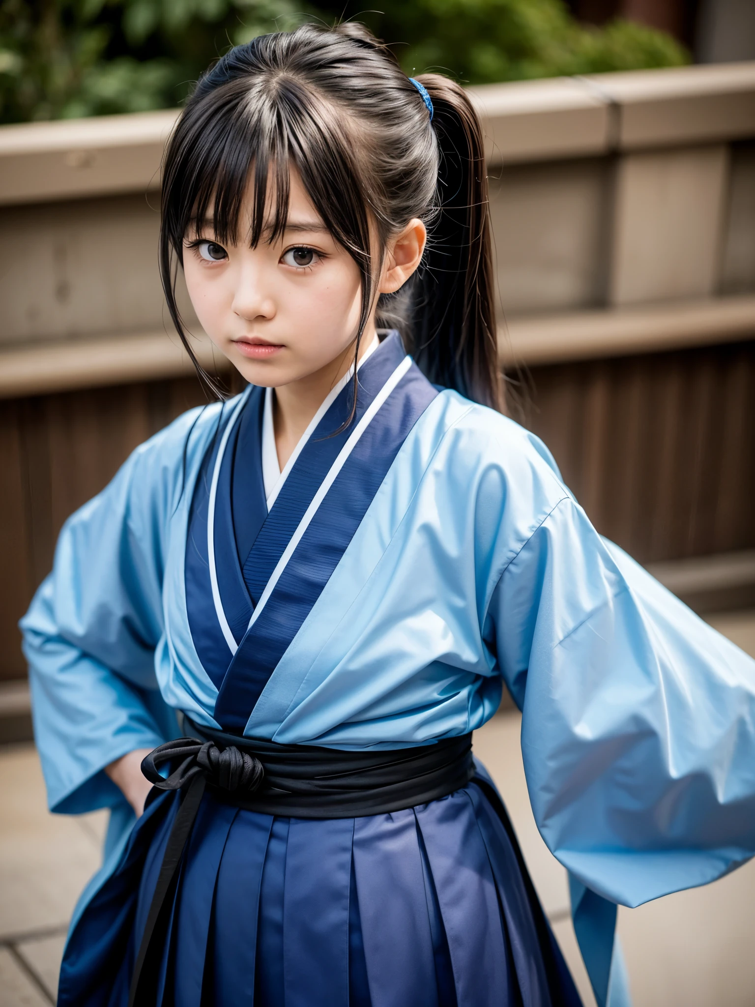 Japanese elementary school girl, sidelong glance, cosplaying as Shinsengumi's Okita Souji, Kyoto, bamboo forest