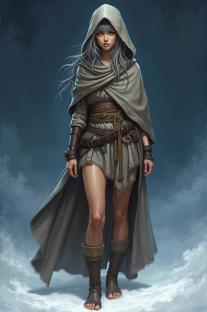 Illustration jeune femme cheveux gris court ondulés. orange eyes. Tan. Vêtement type saharien. Cape and hood. Pieds nus sur du sable blanc de nuit
