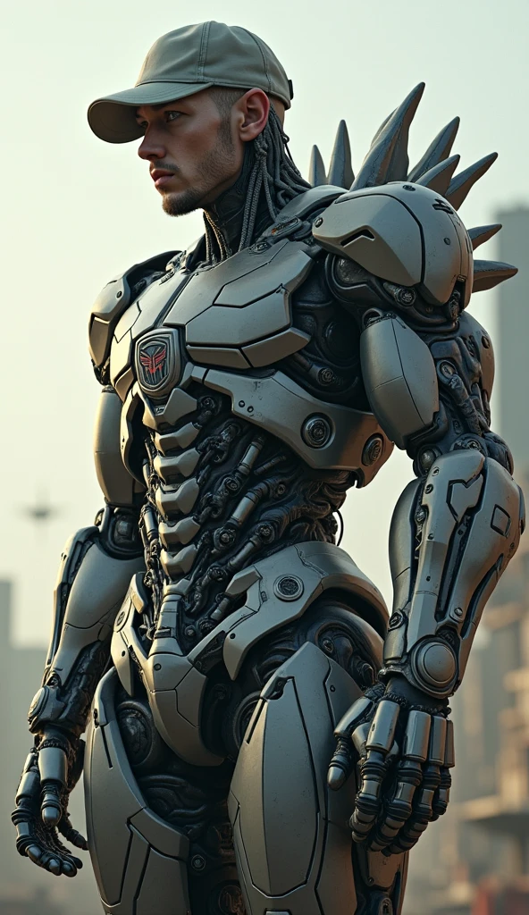Generates an image of Eminem in a Transformers suit Eminem looks like a robot by attaching a robot body to Eminem's body.Godzilla robot body hybrid.4k.high resolution image