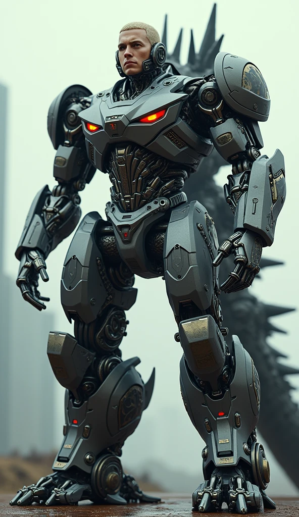 Generates an image of Eminem in a Transformers suit Eminem looks like a robot by attaching a robot body to Eminem's body.Godzilla robot body hybrid.4k.high resolution image