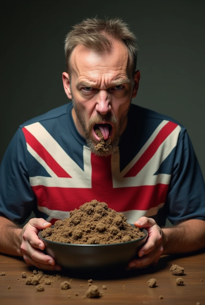 British white man with British flag tshirt licking poop in a bowl