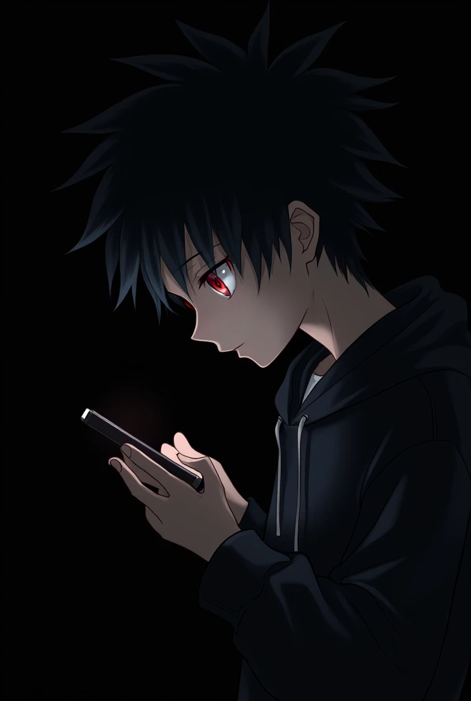 Anime boy , Spiky hair , black hair , black hoodie , red eyes , narrowed eye , blank black background , side view , using phone
