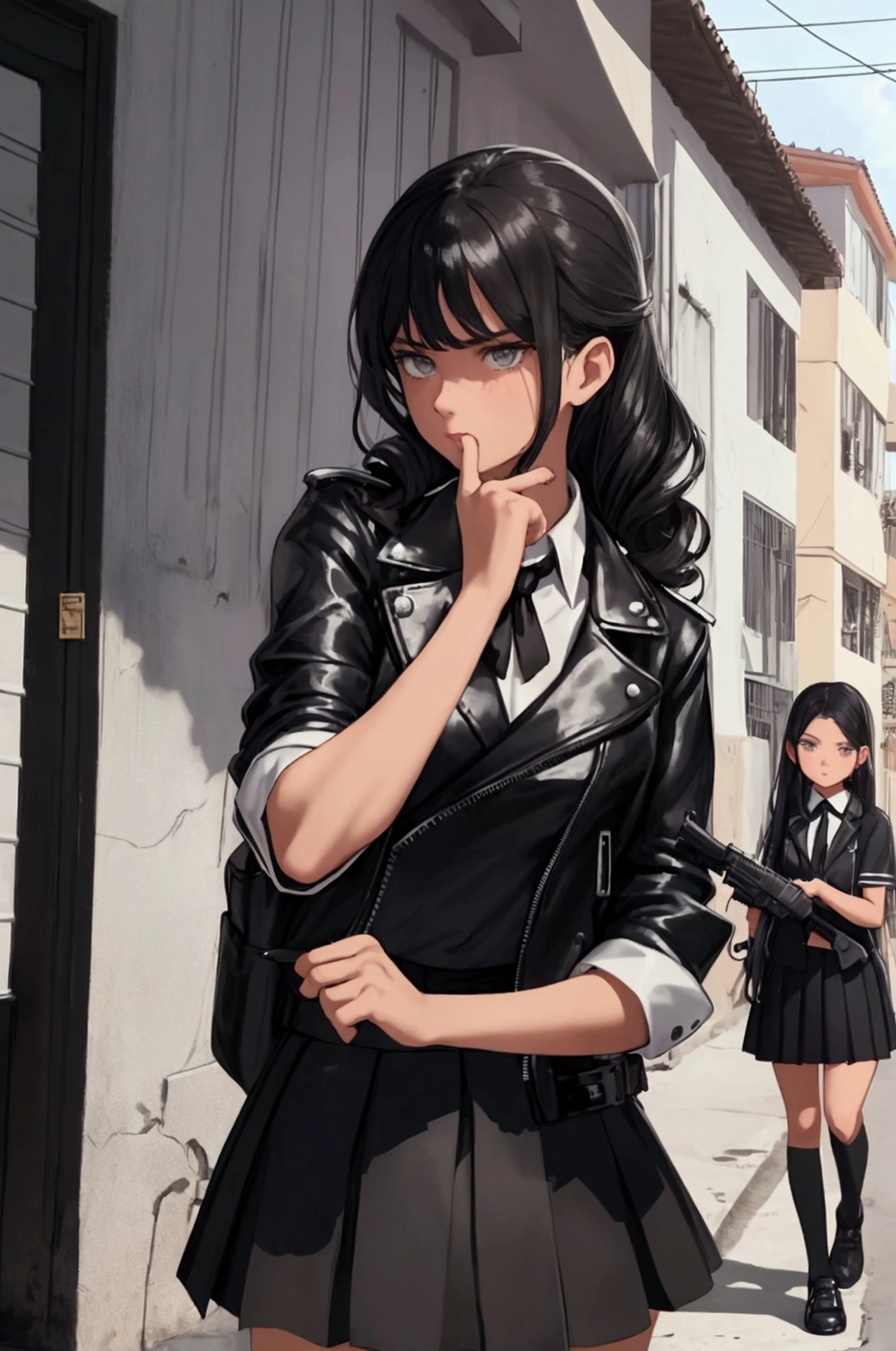 delinquent boy in black leather jacket looking at a girl girl in school uniform white shirt short sleeves black tie black skirt black curly hair pointing a rifle in a neighborhood in Venezuela