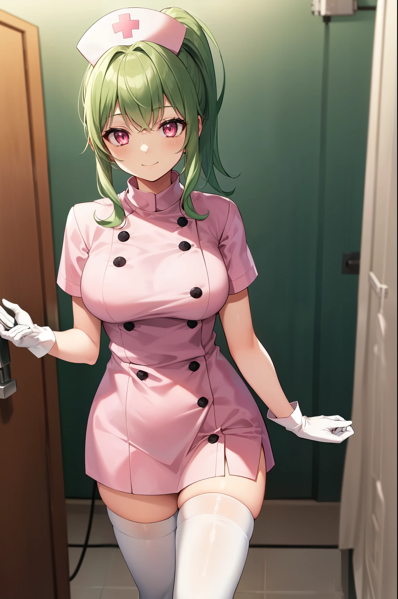 1girl, solo, nurse, nurse cap, white nurse uniform, ((white legwear, zettai ryouiki)), white gloves, ponytail, green hair, pink eyes, smile, standing, ((hospital room)), sharp outline, short sleeves, best quality, masterpiece