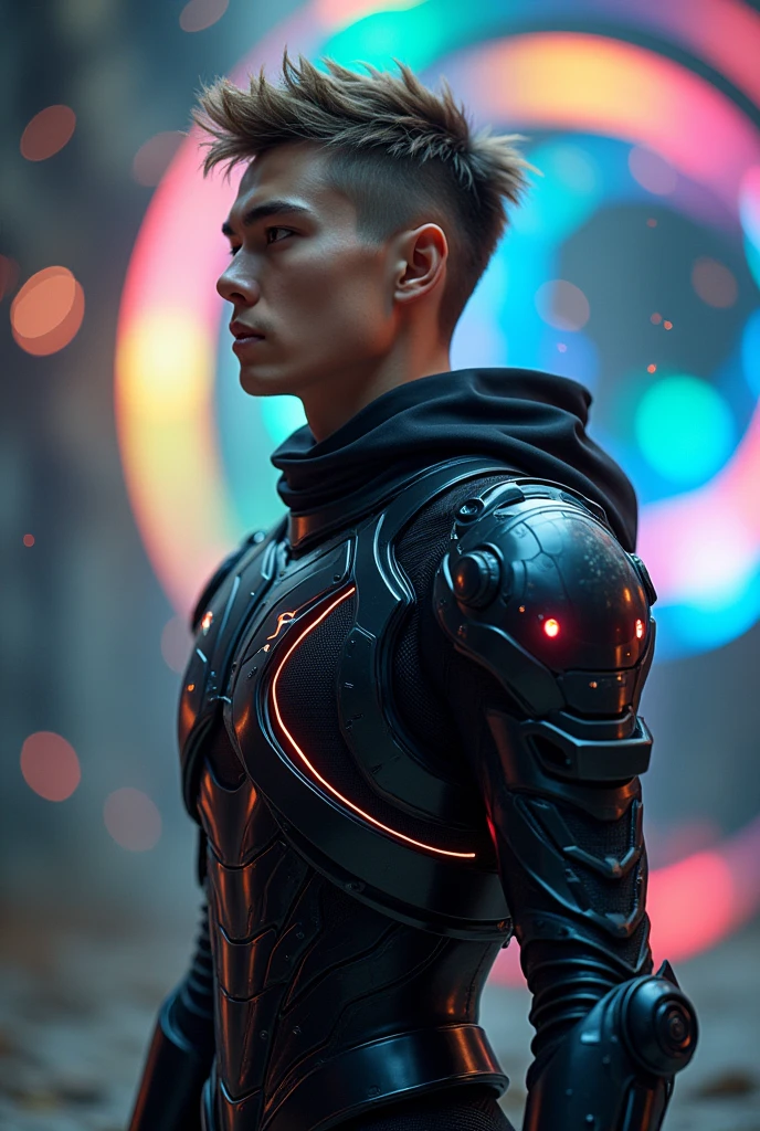 Young man with short spiky hair slicked back, black futuristic cyber armor with colorful details like a cosmic rainbow, three orbs with rainbow color palette are floating around his head, epic pose, conceptual artwork, macro photography, cinematic lighting, highy detailed, beautiful movie scene, work of art, wall-paper