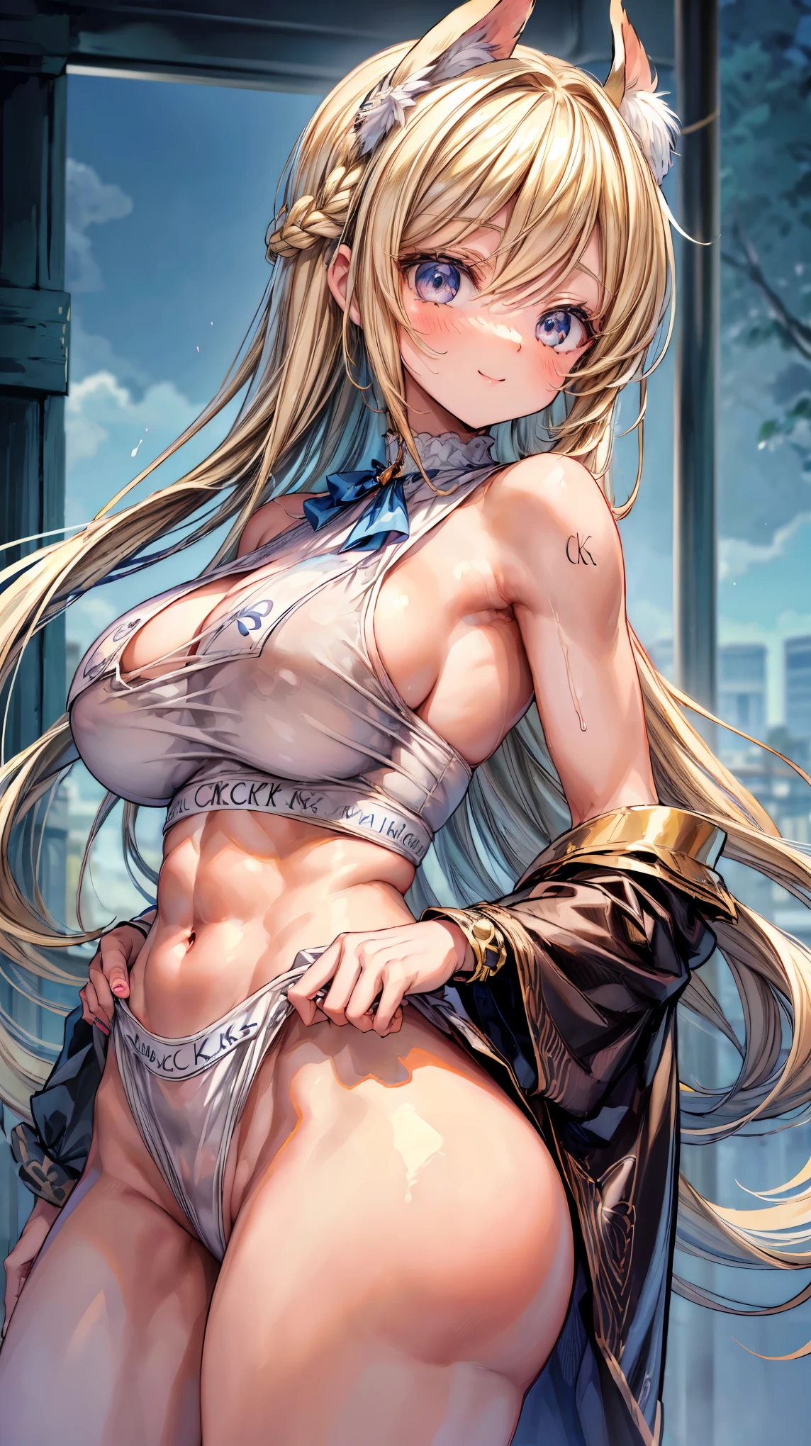 Very detailed、Highest quality、Best image quality、masterpiece、8k、(shoulder-length blonde hair、Medium Long Hair)、(smile) 、(Hilarious)、(puppet)、(Big eyes)、(Beautiful and shining eyes)、(Detailed anime eyes)、(Puffy eyes)、(Big Breasts:1.3)、(((Rear View)))、Cowboy Shot、(String、カルバンクラインString)、(A woman stands with her buttocks facing the viewer.:1.5)