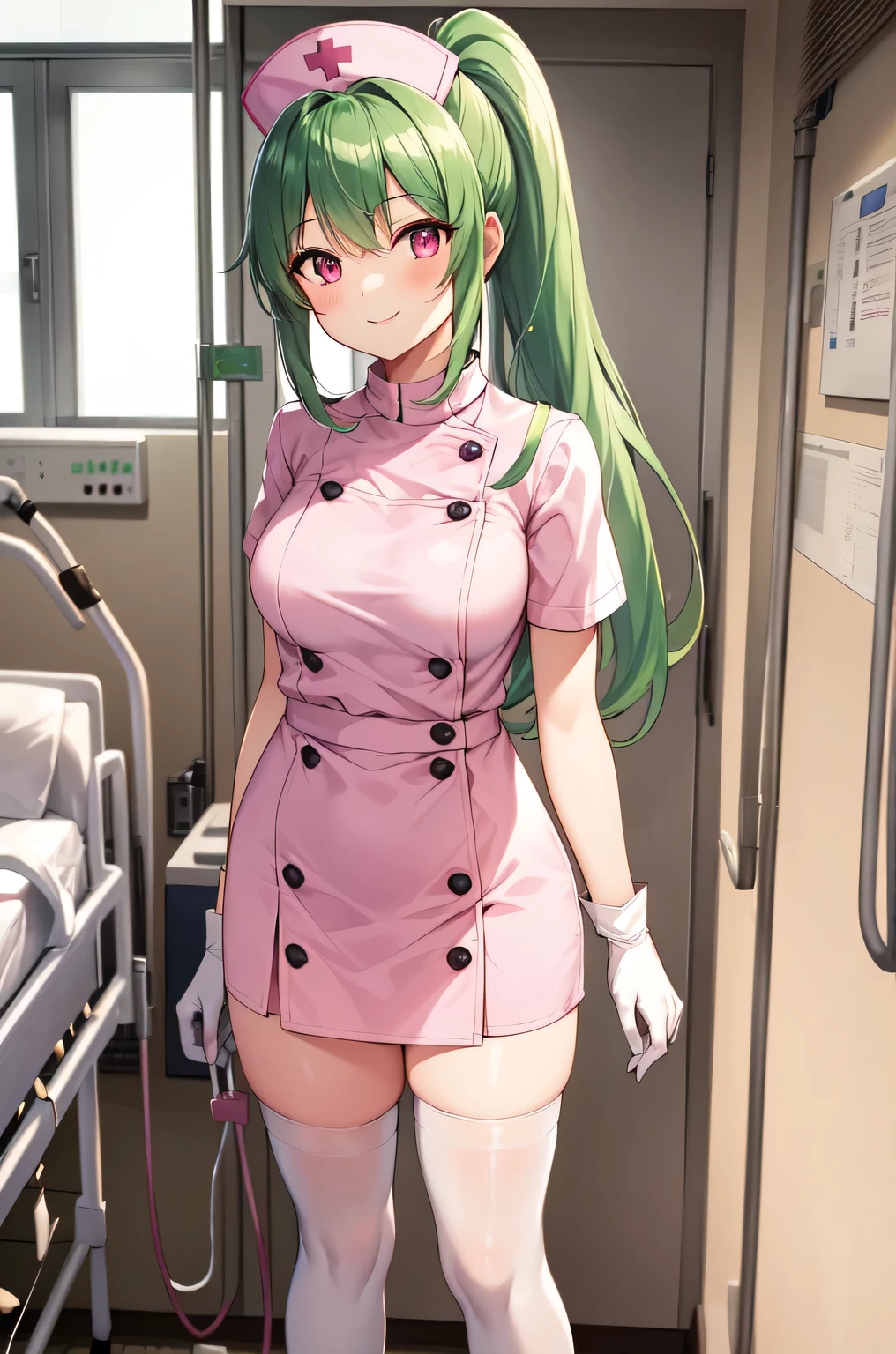 1girl, solo, nurse, nurse cap, white nurse uniform, ((white legwear, zettai ryouiki)), white gloves, ponytail, green hair, pink eyes, smile, standing, ((hospital room)), sharp outline, short sleeves, best quality, masterpiece