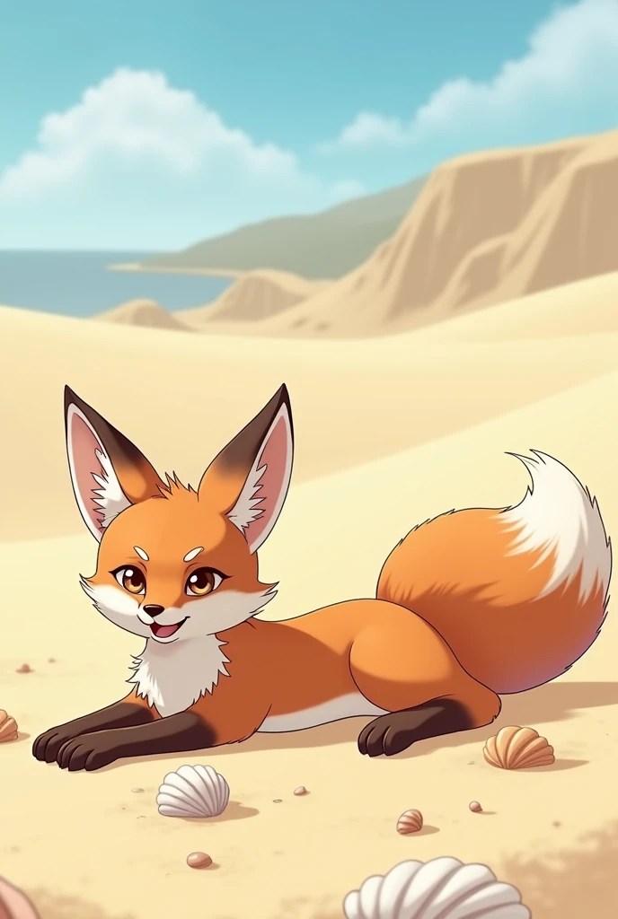 A furry anime style image of an animated female fox with a slim build. She is lying on a bare beach with sand dunes, seashells and a clear sky. The fox has his legs open showing everything