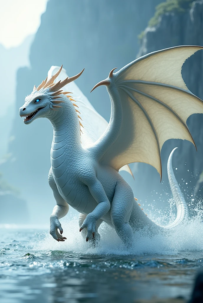 Side view of a beautiful 4 legged large female white dragon with large wings, and dinosaur-like electric blue eyes walking in shallow water, fierce features, sharp teeth, long tail, spikes along head with water-like qualities, The white scales of the dragon shimmer against the water, The wings of the dragon are in full view.