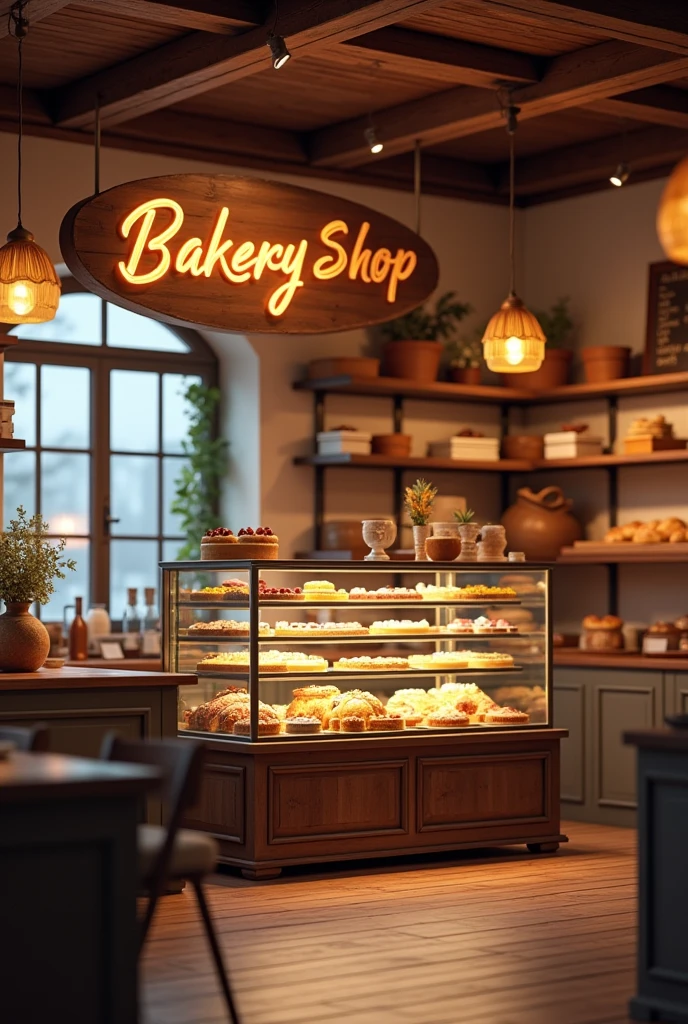 "Create a detailed image of a cozy bakery shop interior with a large sign that reads 'Backery Shop' prominently. Include a display case featuring a variety of cakes, including a decorated photo cake with a custom image on it. The setting should be inviting, with warm lighting and a charming, rustic design."