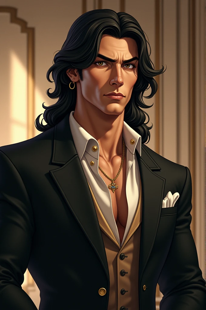 middle aged young man // Good and muscular figure // Long black hair looks neat.//
A handsome, cunning face//Dressed in noble clothing//1930 AD