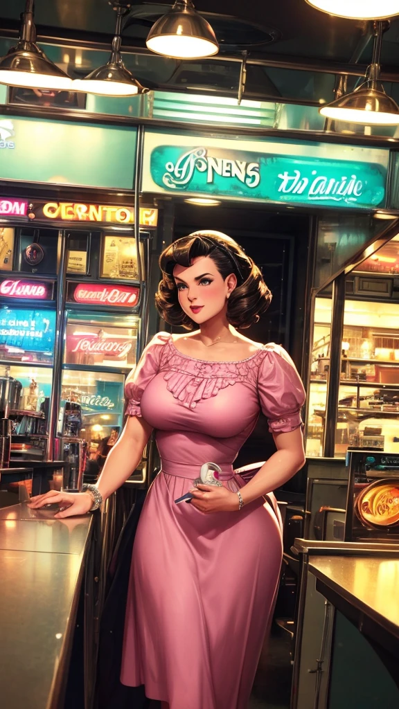 1girl dressed in a 1950s-inspired dress, complete with a full skirt and petticoat, her hair styled in classic pin curls. She should be seated at an old-fashioned diner, surrounded by vintage details like a jukebox, chrome accents, and neon signs. Her eyes should be sparkling with excitement, her skin flawless and glowing under the soft, dramatic lighting. This scene should be captured on 35mm film, with a beautiful depth of field and a slightly blurry, nostalgic background,, filmg,