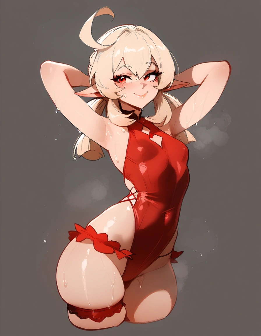 1girl, klee \(genshin impact\), genshin impact \\\\\ masterpiece, best quality, newest, ///// by nyantcha, , by khyle, cutesexyrobutts \\\\\ ,, thin waist, highres, absurdes. looking at viewer, solo, naughty face, solo, grey background, cropped legs,, red clothes, simple background,one-piece swimsuit, , bridal garter,skindentation , arms behind head, wet, sweat, shiny skin, , , straight-on, light red eyes, pale blonde hair with a prominent cowlick, and elf ears ,petite, beach, 
