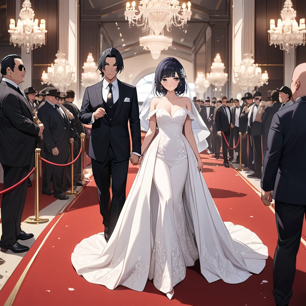 ((Highest quality)), ((masterpiece)), (detailed), （Perfect Face）、The woman is Reika Aoki, the wife of a mafia boss, with medium-long black hair and an engagement ring.、At a luxurious wedding venue, a woman is wearing a gorgeous wedding dress and walking down the red carpet aisle with a mafia boss man to have a luxurious mafia wedding.