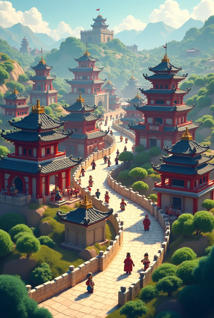 Pixel art, Romance of the Three Kingdoms, Spring and Autumn Period and Warring States Period, Ancient China, Oriental fantasy, Castle icons, Walls with watchtowers, Walled cities, Cities with 100,000 inhabitants, Quarter views without perspective, Pixel art, Voxel art, PBR rendering, Block art, LEGO block art, Deformed game icons