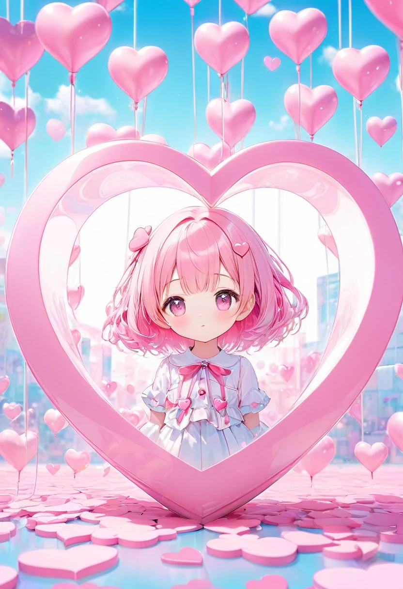 kawaii gazing shyly at me, pink heart-shaped cropped image, cute pastel effects, conceptual installation art, (ultra detailed, absolutely resolution, best quality:1.3), 2.5D, graphic CG digital art, anime style