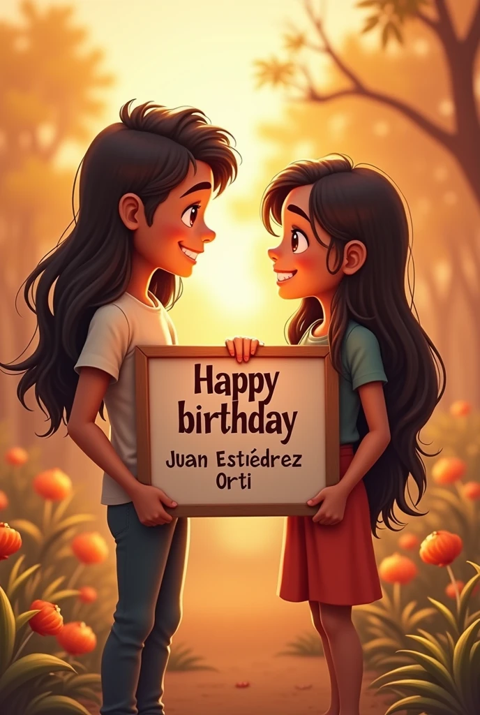 A young man with light brown skin and dark reddish brown eyes , a little muscular and short hair happy called Juan Esteban Gutiérrez Ortiz because in front of him is his friend Danna with dark skin, dark brown eyes and very long hair down to her tail (women) young man holding a sign that says "Happy birthday Juan Esteban Gutierrez Ortiz ♡" that they look at each other's faces with joy and in the background there is a landscape that represents that joy and that they have a nice matching outfit , but they look younger and the boy is like flirtatious and with hair a little shorter And the young girl looks a little younger with a submissive face, Well, they are looking slightly at the camera here in front. , This image is perfect, I just need the sign to be precise and say " Happy birthday Juan Esteban Gutierrez Ortiz"