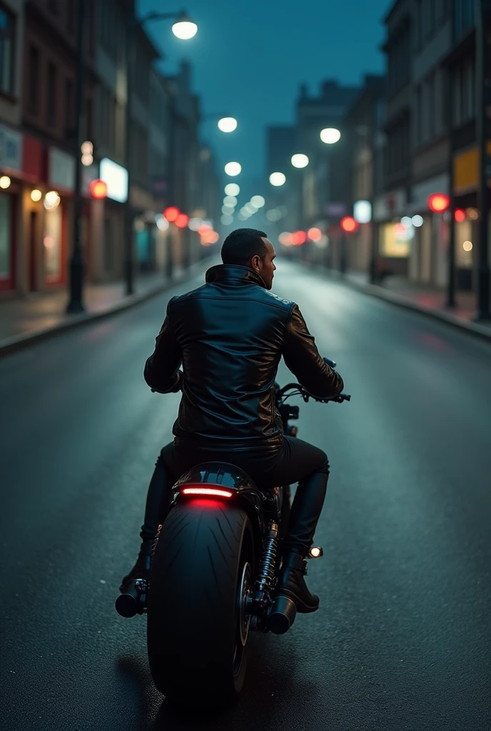 Biker in shiny black jacket riding custom motorbike on a deserted street at night pov drone
