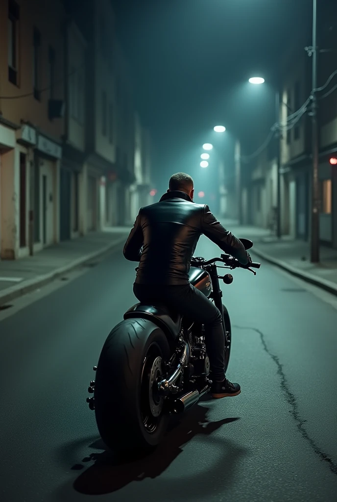 Biker in shiny black jacket riding custom motorbike on a deserted street at night pov drone