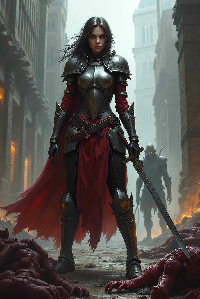 The templar girl from Hellgate: London, with her armor torn apart and her sword broken as she is standing over a pile of dead demons with a live one sneaking behind